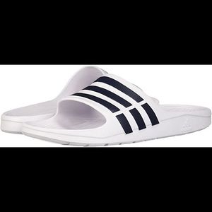 Men’s White & Blue Adidas Duramo Slide Sandals 12